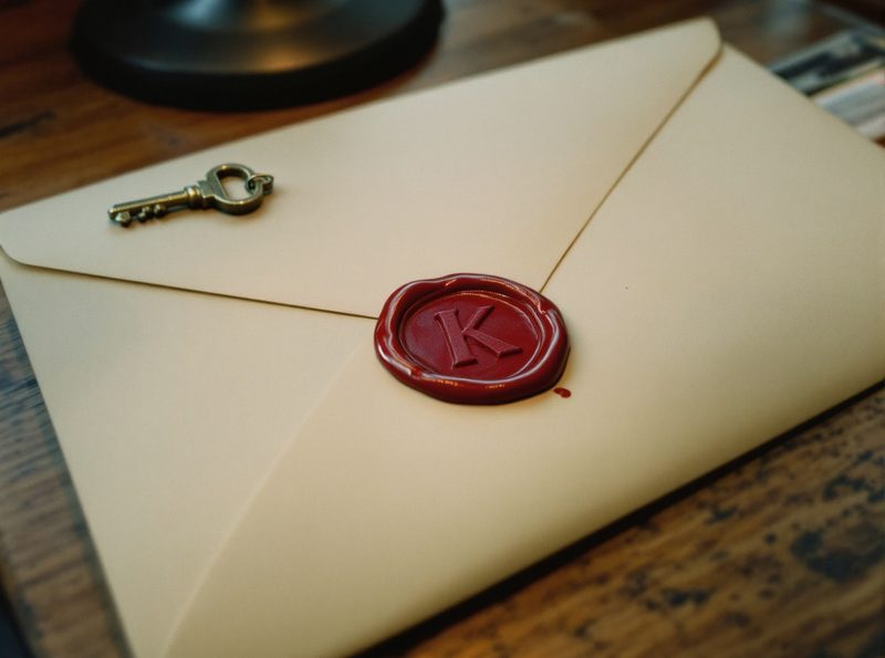 A cream envelope sealed with red wax stamped K, an old brass key resting on it