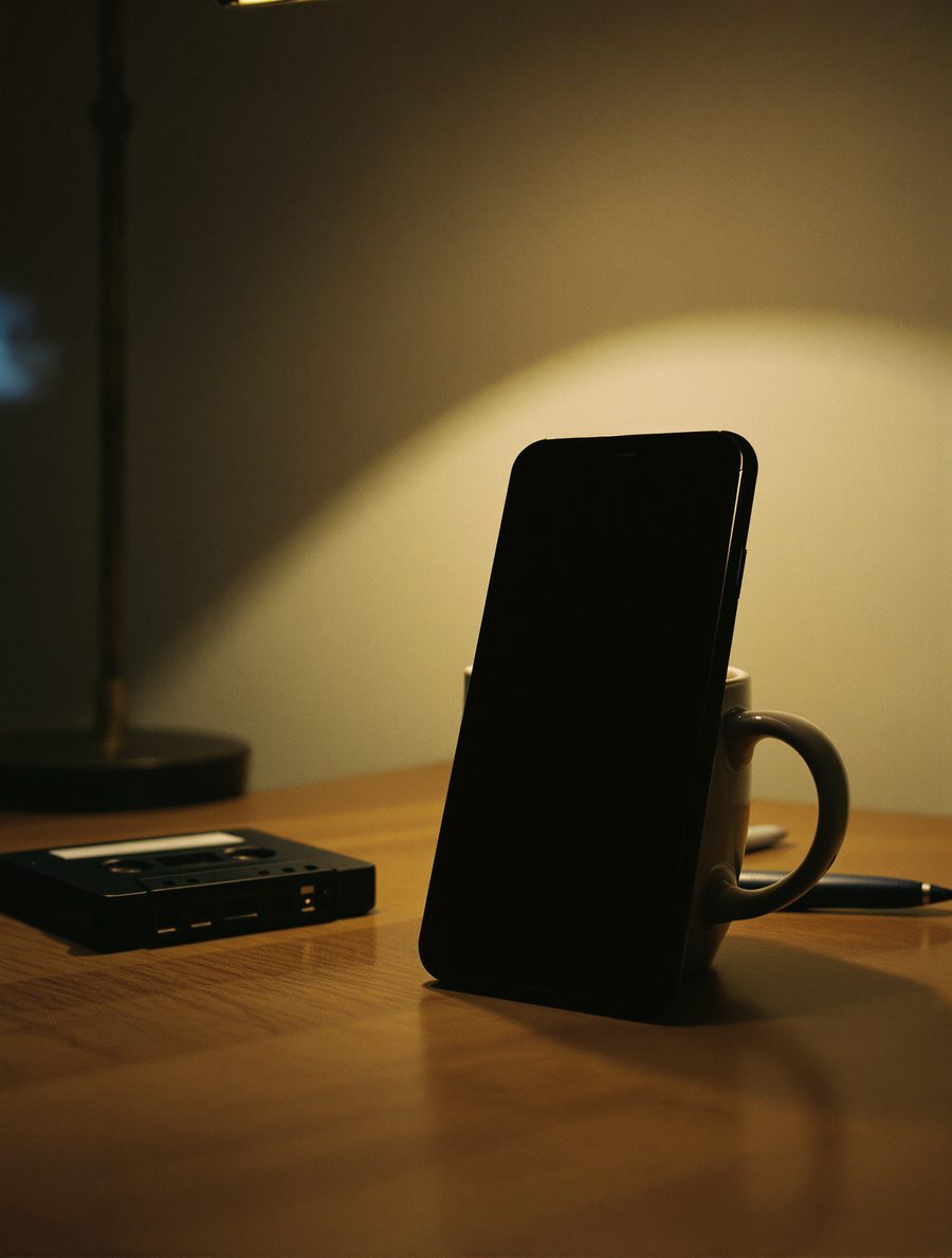 A phone propped against a mug on a kitchen table at night, a cassette beside it