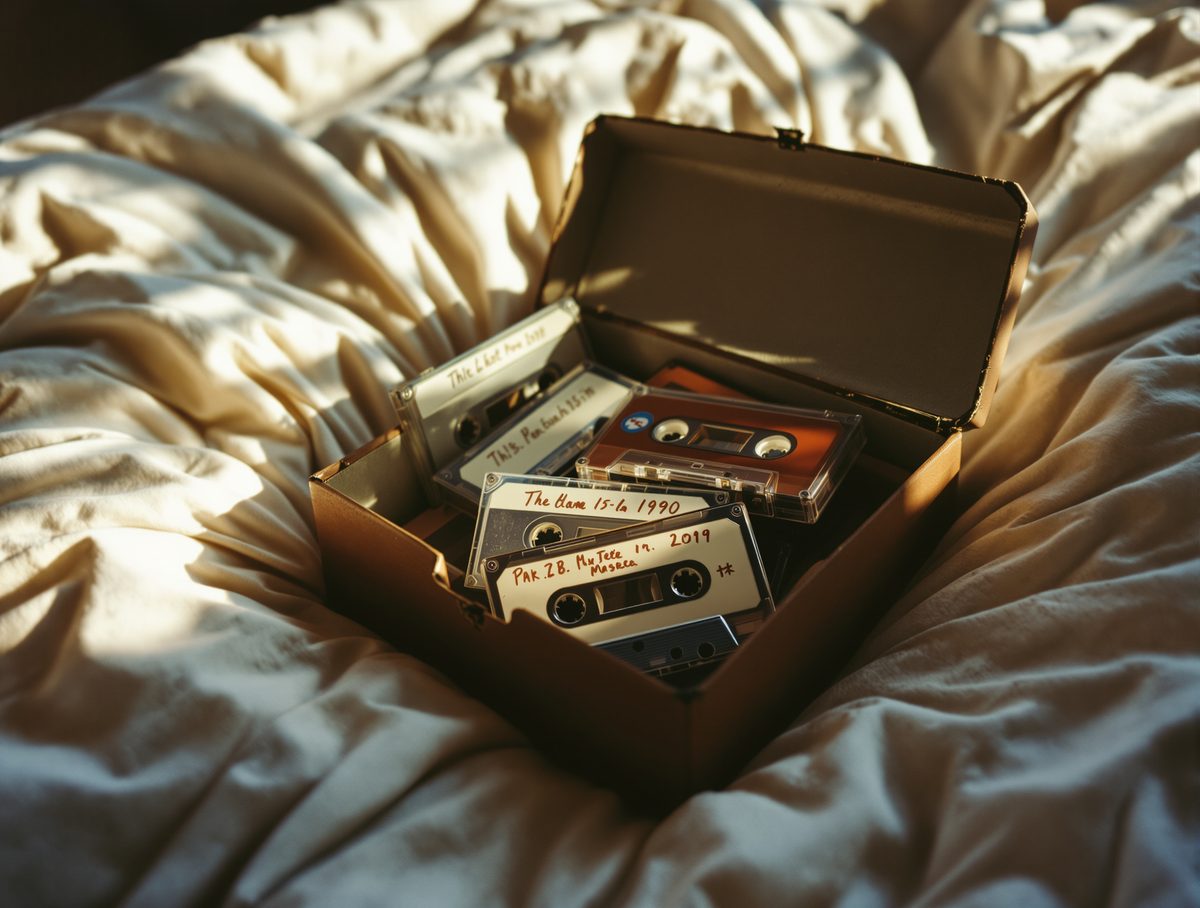 An old shoebox of worn cassette tapes on a bed, their labels scrawled and fading